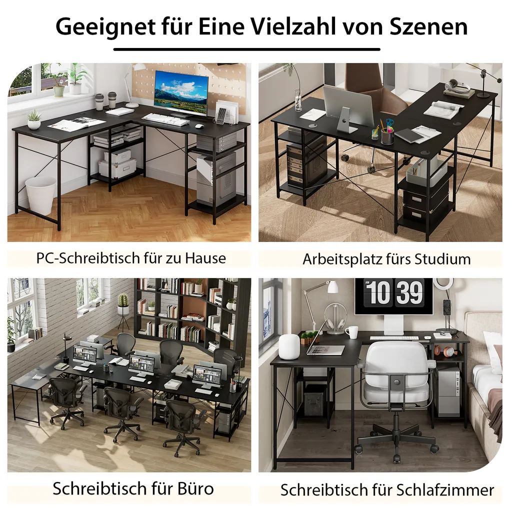 COSTWAY Schreibtisch L-Form, Reversibler Eckschreibtisch Mit 4 Ablagen, Ecktisch Mit 3 Kabellöchern, Gaming Computertisch Bürotisch Für Home Office, 151 X 151 X 75 Cm (Schwarz) 2 COSTWAY Schreibtisch L-Form, Reversibler Eckschreibtisch Mit 4 Ablagen, Ecktisch Mit 3 Kabellöchern, Gaming Computertisch Bürotisch Für Home Office, 151 X 151 X 75 Cm (Schwarz) – Bild 2