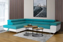 Ecksofa Aller L-form Mit Schlaffunktion Und Bettkasten, Türkis Und Weißes Kunstleder, Links Ottomane.