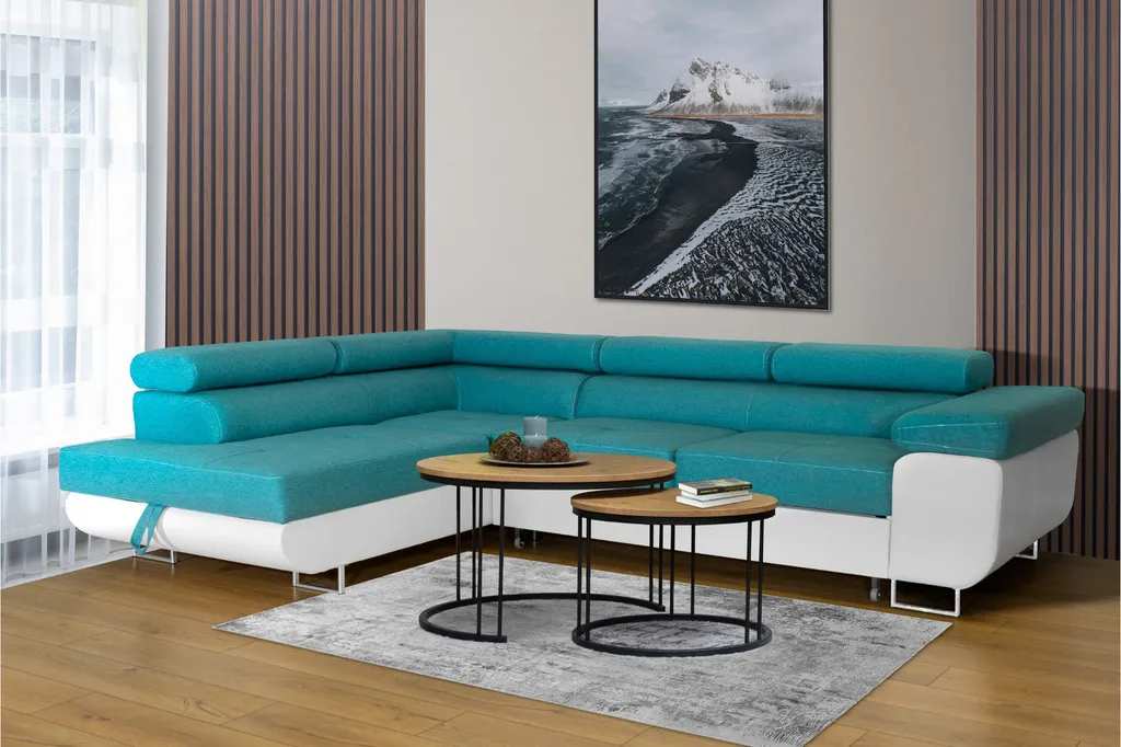 Ecksofa Aller L-form Mit Schlaffunktion Und Bettkasten, Türkis Und Weißes Kunstleder, Links Ottomane. 1 Ecksofa Aller L-form Mit Schlaffunktion Und Bettkasten, Türkis Und Weißes Kunstleder, Links Ottomane.