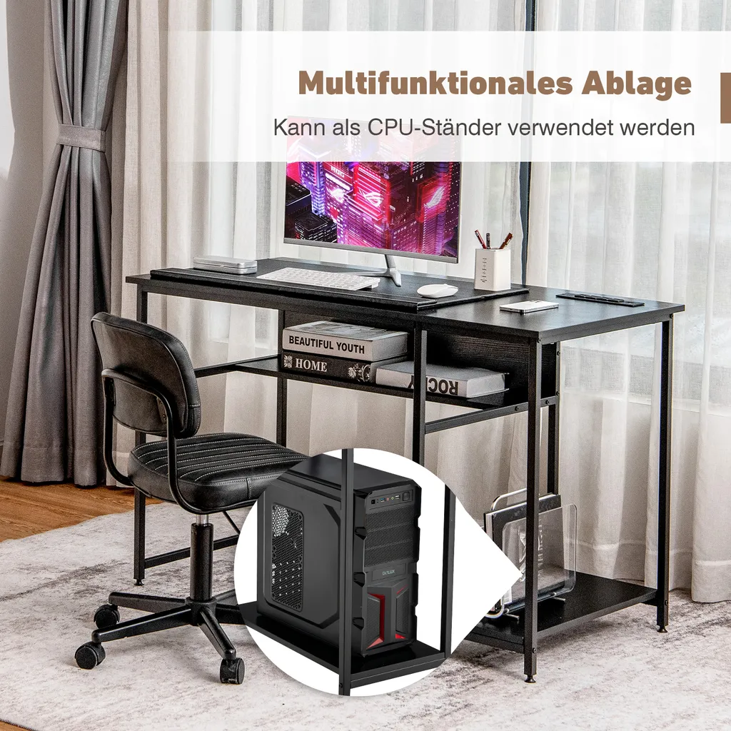 COSTWAY Computertisch Mit Offenem Regal Und CPU-Ständer, Multifunktionaler PC-Arbeitsplatz, Schreibtisch, 120 X 60 X 75 Cm, Schwarz 2 COSTWAY Computertisch Mit Offenem Regal Und CPU-Ständer, Multifunktionaler PC-Arbeitsplatz, Schreibtisch, 120 X 60 X 75 Cm, Schwarz – Bild 2