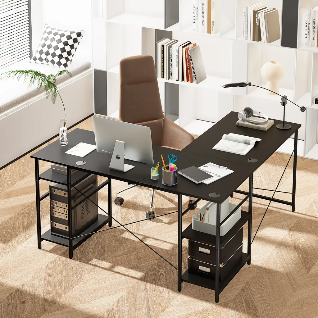 COSTWAY Schreibtisch L-Form, Reversibler Eckschreibtisch Mit 4 Ablagen, Ecktisch Mit 3 Kabellöchern, Gaming Computertisch Bürotisch Für Home Office, 151 X 151 X 75 Cm (Schwarz) 1 COSTWAY Schreibtisch L-Form, Reversibler Eckschreibtisch Mit 4 Ablagen, Ecktisch Mit 3 Kabellöchern, Gaming Computertisch Bürotisch Für Home Office, 151 X 151 X 75 Cm (Schwarz)