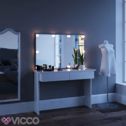 Vicco Schminktisch Azur Kosmetiktisch Frisiertisch Frisierkommode Weiß Hochglanz Inklusive Spiegel Und LED-Lichterkette