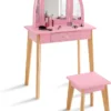 COSTWAY 2-in-1-Schminktischset Für Kinder, Kinderschminktisch Mit Hocker Aus Holz Für Kinder Mit Dreifach Klappbarem Spiegel & Schublade, Make-up Tischset Für Mädchen Von 3-7 Jahren (Rosa)