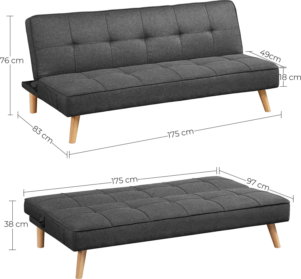 VASAGLE Schlafsofa, Schlafcouch, Bettsofa, Sofa, Bezug Aus Baumwoll-Leinen-Mischgewebe, Holzbeine, 175 X 83 X 76 Cm, Klappbar, Ausklappsofa Grau LCS701G01 4 VASAGLE Schlafsofa, Schlafcouch, Bettsofa, Sofa, Bezug Aus Baumwoll-Leinen-Mischgewebe, Holzbeine, 175 X 83 X 76 Cm, Klappbar, Ausklappsofa Grau LCS701G01 – Bild 4