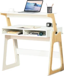 HOMCOM Schreibtisch Stehpult Und Sitzpult Mit Verstellbarem Regal Bürotisch Mit 2 Fächer Home-Office Helles Kiefer Beige Weiß 98 X 56,5 X 100,5 Cm