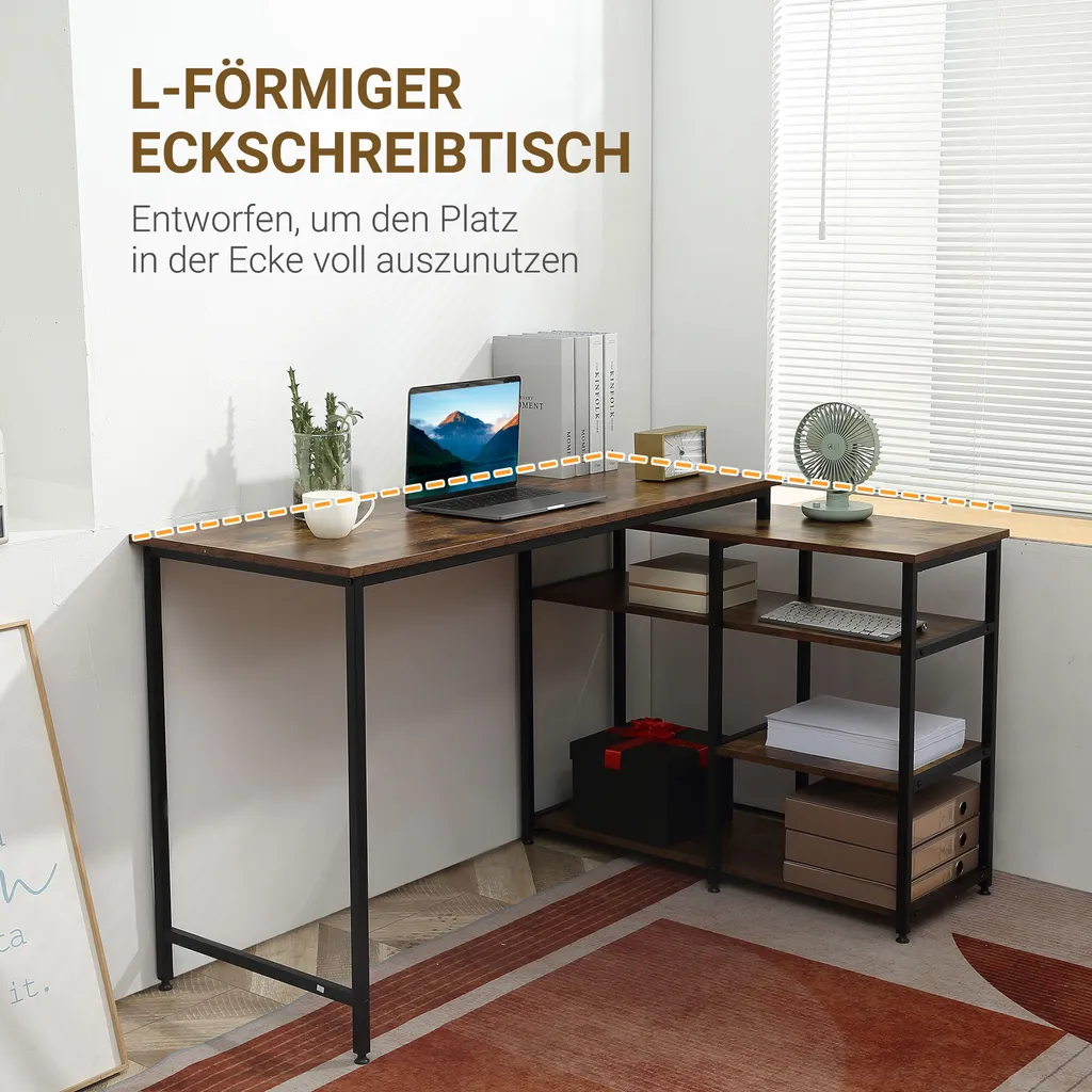 HOMCOM Eckschreibtisch Winkelschreibtisch PC-Tisch Computertisch Bürotisch Regal Schublade L-Form Spanplatte Metall Rustikales Braun 135 X 90 X 79 Cm 3 HOMCOM Eckschreibtisch Winkelschreibtisch PC-Tisch Computertisch Bürotisch Regal Schublade L-Form Spanplatte Metall Rustikales Braun 135 X 90 X 79 Cm – Bild 3