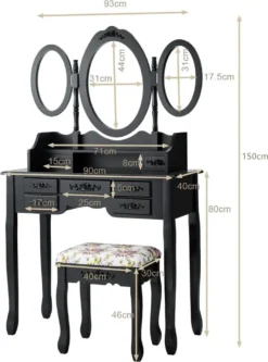 COSTWAY Schminktisch Mit Klappbarer Spiegel, Frisiertisch Set Mit Gepolsterter Hocker, 7 Schubladen Und Offenem Regal, Kosmetiktisch Schminkkommode Für Haus Wohnung (Schwarz) -VIDAXL || HOMCOM Verkäufe 80df88592e9e56212bd10906ce10ed90