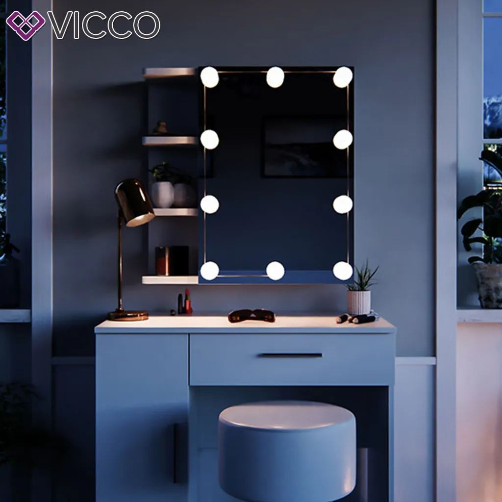 Vicco Schminktisch Fynnia Frisiertisch Kommode Frisierkommode Spiegel Weiß Inklusive Hocker Und LED-Lichterkette 6 Vicco Schminktisch Fynnia Frisiertisch Kommode Frisierkommode Spiegel Weiß Inklusive Hocker Und LED-Lichterkette – Bild 6