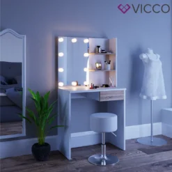VICCO LED Schminktisch DEKOS Frisiertisch Kommode Kosmetik Weiß Eiche Hocker -VIDAXL || HOMCOM Verkäufe 825889fc153b70beccba141e1a50b8d7