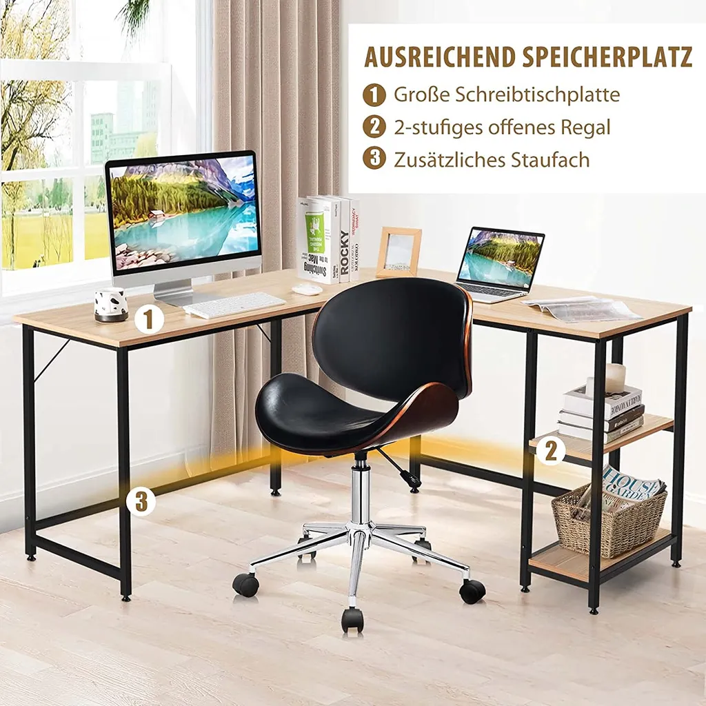 COSTWAY L-förmiger Schreibtisch, Eckschreibtisch 137x137x75,5cm, Computertisch Bürotisch Mit 2 Ablageflächen & Fußstütze, Arbeitstisch Platzsparend Natur 3 COSTWAY L-förmiger Schreibtisch, Eckschreibtisch 137x137x75,5cm, Computertisch Bürotisch Mit 2 Ablageflächen & Fußstütze, Arbeitstisch Platzsparend Natur – Bild 3
