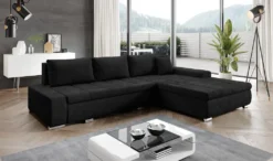 Ecksofa Mit Bettkasten Kastalo - Ecksofa L Mit Schlaffunktion - Samtstoff, Kissen, Couch - Schwarz (Monolith 95)