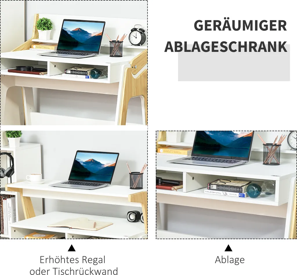 HOMCOM Schreibtisch Stehpult Und Sitzpult Mit Verstellbarem Regal Bürotisch Mit 2 Fächer Home-Office Helles Kiefer Beige Weiß 98 X 56,5 X 100,5 Cm 6 HOMCOM Schreibtisch Stehpult Und Sitzpult Mit Verstellbarem Regal Bürotisch Mit 2 Fächer Home-Office Helles Kiefer Beige Weiß 98 X 56,5 X 100,5 Cm – Bild 6
