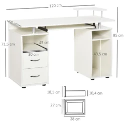 HOMCOM Computertisch Schreibtisch Bürotisch Home Office Reichlich Stauraum 2 Schubladen Druckregal Weiß 120 X 55 X 85 Cm