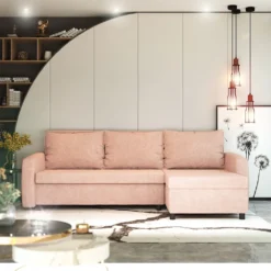 Selsey Ecksofa SOBEWS - Schlafsofa In Hellrosa Mit Bettkasten, Losen Rückenkissen, 230 Cm Breit