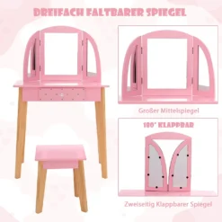 COSTWAY 2-in-1-Schminktischset Für Kinder, Kinderschminktisch Mit Hocker Aus Holz Für Kinder Mit Dreifach Klappbarem Spiegel & Schublade, Make-up Tischset Für Mädchen Von 3-7 Jahren (Rosa) -VIDAXL || HOMCOM Verkäufe 8a499fac999a430bc0fdfeecd3b25e98