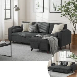 VASAGLE Schlafsofa, Schlafcouch, Sofa, Bettsofa Mit Stauraum, Polstermöbel, Bezug Aus Baumwoll-Leinen-Mischgewebe, Becherhalter, Modern, Gästezimmer, Grau LCS801G01