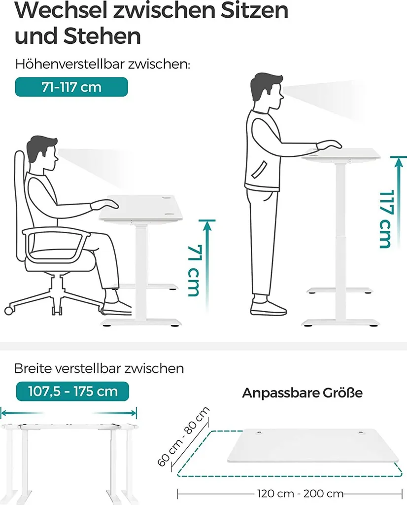 SONGMICS Höhenverstellbarer Schreibtisch Elektrisch, 70 X 140 Cm Tischoberfläche, Doppelmotor, Stufenlos Verstellbar, Memory-Funktion Mit 4 Höhen, Auffahrschutz, Weiß LSD202W01 4 SONGMICS Höhenverstellbarer Schreibtisch Elektrisch, 70 X 140 Cm Tischoberfläche, Doppelmotor, Stufenlos Verstellbar, Memory-Funktion Mit 4 Höhen, Auffahrschutz, Weiß LSD202W01 – Bild 4