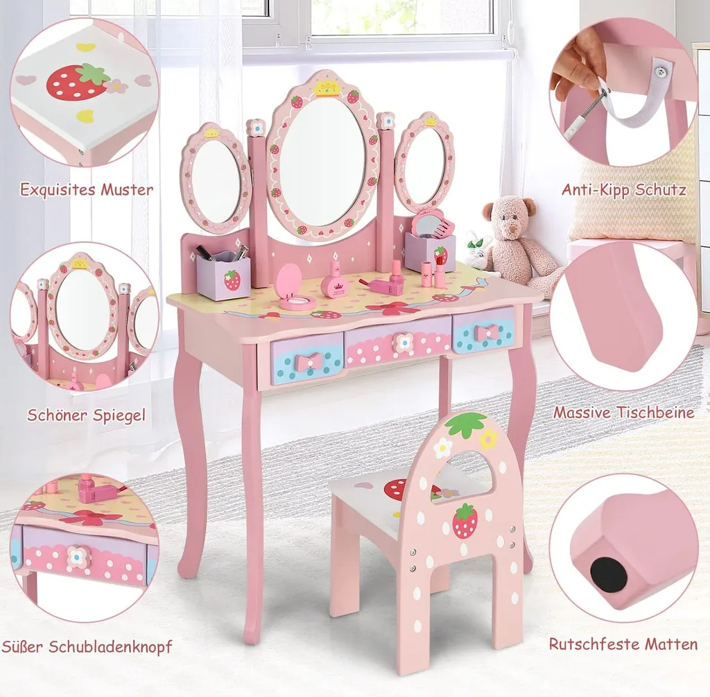 COSTWAY Kinder Schminktisch Set, Prinzessin Frisiertisch Mit Klappbarem Spiegel, Schminkhocker Und 3 Schubladen, Make-up Schminktisch Frisierkommode Für Kinder Mädchen (Pink) 2 COSTWAY Kinder Schminktisch Set, Prinzessin Frisiertisch Mit Klappbarem Spiegel, Schminkhocker Und 3 Schubladen, Make-up Schminktisch Frisierkommode Für Kinder Mädchen (Pink) – Bild 2