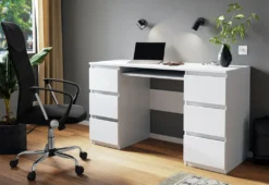 Schreibtisch PUDA, Computertisch, Gametisch, PC Tisch Schreibtisch , 130x76x51, Weiß/Weiß Glanz