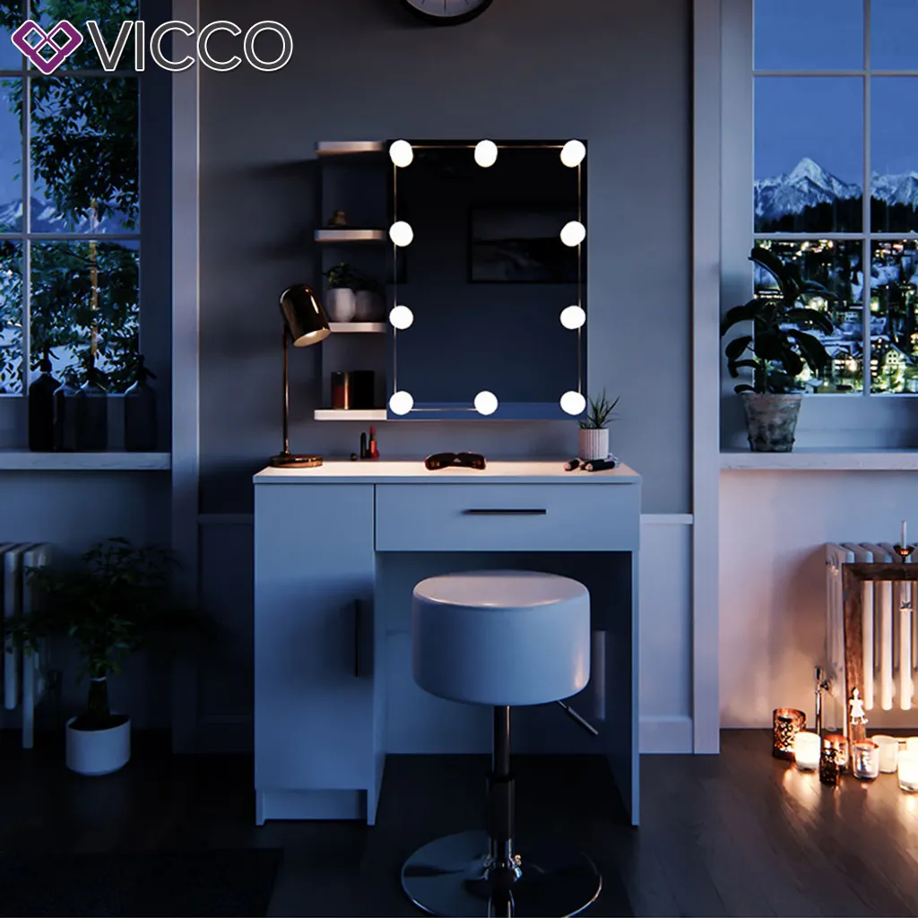 Vicco Schminktisch Fynnia Frisiertisch Kommode Frisierkommode Spiegel Weiß Inklusive Hocker Und LED-Lichterkette 5 Vicco Schminktisch Fynnia Frisiertisch Kommode Frisierkommode Spiegel Weiß Inklusive Hocker Und LED-Lichterkette – Bild 5