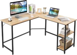COSTWAY L-förmiger Schreibtisch, Eckschreibtisch 137x137x75,5cm, Computertisch Bürotisch Mit 2 Ablageflächen & Fußstütze, Arbeitstisch Platzsparend Natur