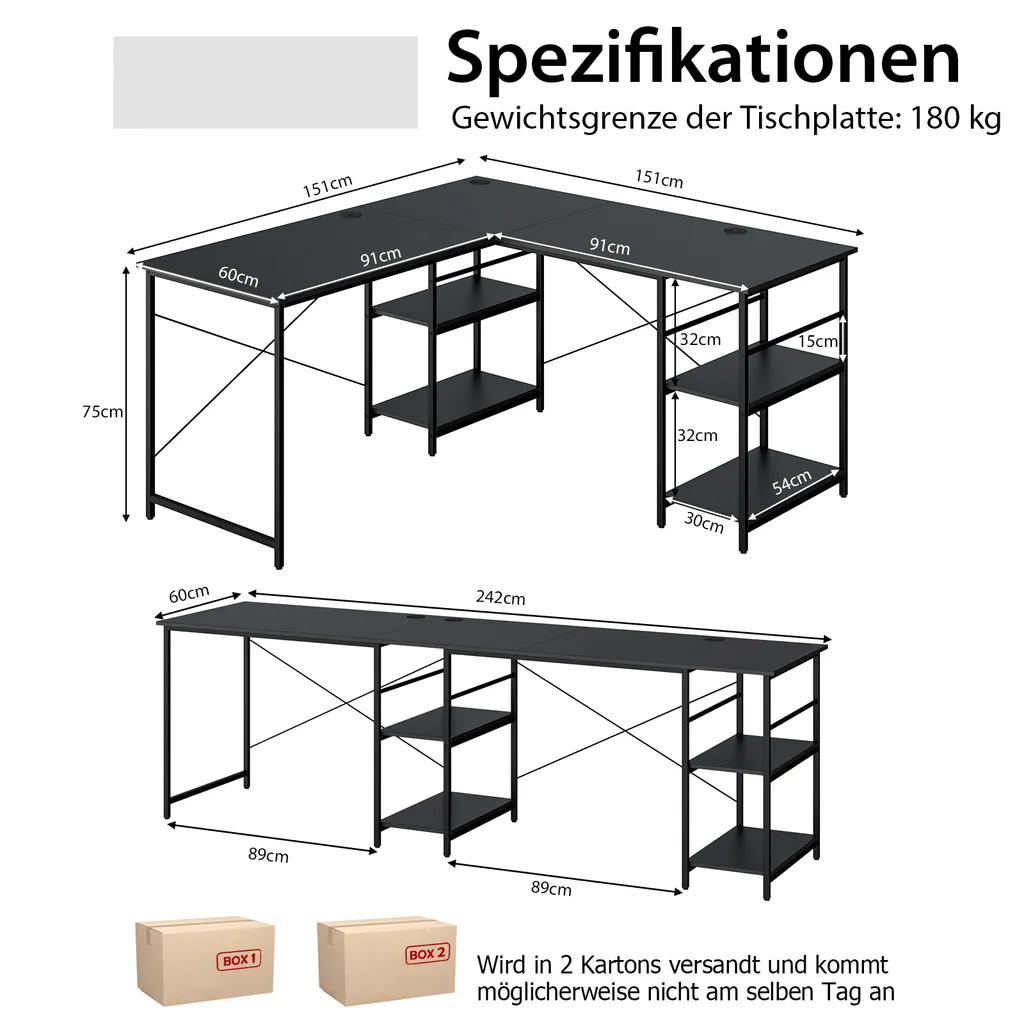 COSTWAY Schreibtisch L-Form, Reversibler Eckschreibtisch Mit 4 Ablagen, Ecktisch Mit 3 Kabellöchern, Gaming Computertisch Bürotisch Für Home Office, 151 X 151 X 75 Cm (Schwarz) 6 COSTWAY Schreibtisch L-Form, Reversibler Eckschreibtisch Mit 4 Ablagen, Ecktisch Mit 3 Kabellöchern, Gaming Computertisch Bürotisch Für Home Office, 151 X 151 X 75 Cm (Schwarz) – Bild 6