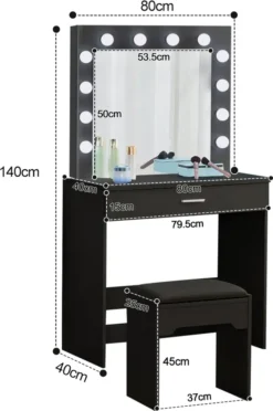 Yoleo Schminktisch Mit Spiegel, LED-Beleuchtung Und Hocker, Frisiertisch Mit Großer Schublade, Kosmetiktisch 140x40x80cm, Schwarz -VIDAXL || HOMCOM Verkäufe 9ee0e72aac7755b770bebe3d60b2ee3b