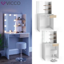 VICCO LED Schminktisch DEKOS Frisiertisch Kommode Kosmetik Weiß Eiche Hocker