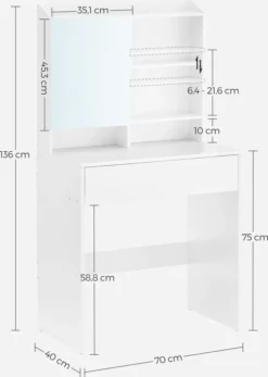 VASAGLE Schminktisch, Frisiertisch Mit Spiegel Und Einer Schublade, Kosmetiktisch, Verstellbare Ablagen, Modern, 70 X 40 X 136 Cm, Weiß RDT118W01 -VIDAXL || HOMCOM Verkäufe 9f4d66cfbc65a129bd8750c89c6cfbe6