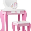 COSTWAY Kinder Schminktisch Mit Hocker, Prinzessin Frisiertisch Mit Schublade Und Abnehmbarer Spiegel, Frisierkommode Rosa, Schminkkommode Für Mädchen Von 3-7 Jahren (Pink)
