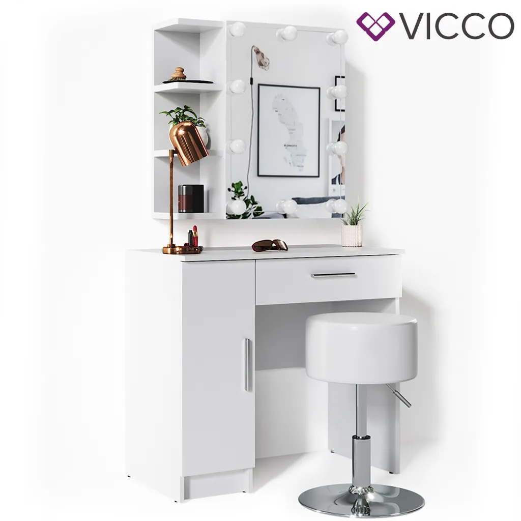 Vicco Schminktisch Fynnia Frisiertisch Kommode Frisierkommode Spiegel Weiß Inklusive Hocker Und LED-Lichterkette 8 Vicco Schminktisch Fynnia Frisiertisch Kommode Frisierkommode Spiegel Weiß Inklusive Hocker Und LED-Lichterkette – Bild 8