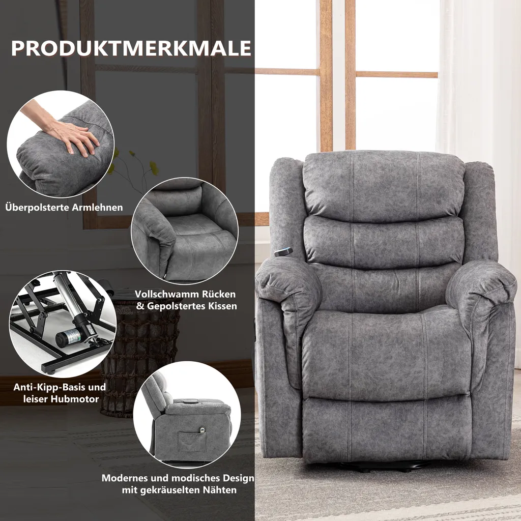 Merax Elektrisch Aufstehhilfe Relaxsessel Massagesessel Mit Heizfunktion Und Vibration, Fernsehsessel Mit Liegefunktion, Grau 4 Merax Elektrisch Aufstehhilfe Relaxsessel Massagesessel Mit Heizfunktion Und Vibration, Fernsehsessel Mit Liegefunktion, Grau – Bild 4
