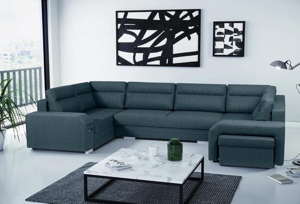 Ecksofa Mit Hocker Und Minibar - U-form Sofa Mit Schlaffunktion - Blau - Wohnlandschaft - Ausklappbar Bettsofa - Wohnzimmer U Couch - Polstersofa Mit Bettkasten ALVARES_U 1 Ecksofa Mit Hocker Und Minibar - U-form Sofa Mit Schlaffunktion - Blau - Wohnlandschaft - Ausklappbar Bettsofa - Wohnzimmer U Couch - Polstersofa Mit Bettkasten ALVARES_U