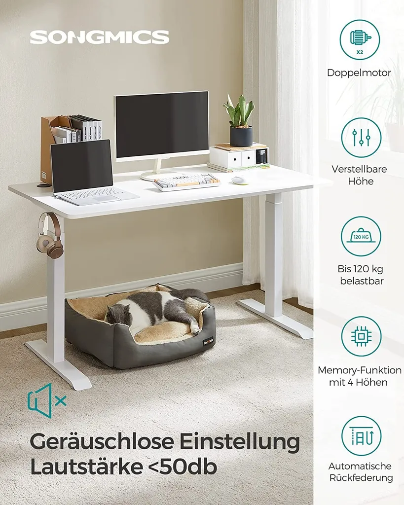 SONGMICS Höhenverstellbarer Schreibtisch Elektrisch, 70 X 140 Cm Tischoberfläche, Doppelmotor, Stufenlos Verstellbar, Memory-Funktion Mit 4 Höhen, Auffahrschutz, Weiß LSD202W01 2 SONGMICS Höhenverstellbarer Schreibtisch Elektrisch, 70 X 140 Cm Tischoberfläche, Doppelmotor, Stufenlos Verstellbar, Memory-Funktion Mit 4 Höhen, Auffahrschutz, Weiß LSD202W01 – Bild 2