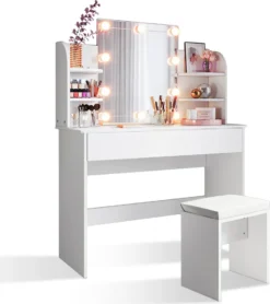 Schminktisch Weiß Mit Hocker Und Beleuchtung Frisiertisch Mit Spiegel, Mit Schublade, 1080x400x1400mm