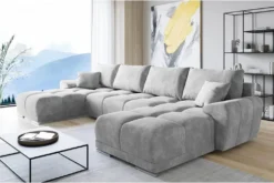 Easy Furniture Velvet Ecksofa In U-Form – Couch Mit Stauraum Und Kissen - Ausziehbares Schlafsofa – Sofa Mit Schlaffunktion - Schlafsofa Mit Bettkasten – Gästebett – 365 X 189 Cm Farbe: Hellgrau