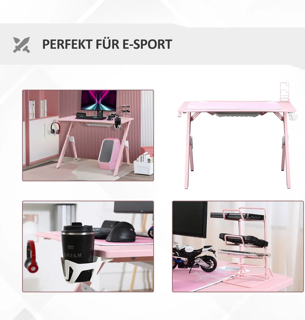 HOMCOM Gaming Tisch Schreibtisch Computertisch Arbeitstisch Möbel Für Büro Wohnzimmer Arbeitszimmer, Modernes Design, MDF Metall 110 X 59 X 75 Cm Rosa+Weiß 3 HOMCOM Gaming Tisch Schreibtisch Computertisch Arbeitstisch Möbel Für Büro Wohnzimmer Arbeitszimmer, Modernes Design, MDF Metall 110 X 59 X 75 Cm Rosa+Weiß – Bild 3