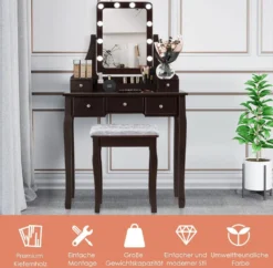 COSTWAY Schminktisch Mit Hocker, 360° Drehbarem Spiegel Und 10 Dimmbaren LED-Birnen, Frisiertisch Mit 5 Schubladen Und Organisator, Kosmetiktisch Aus Tisch Und Abnehmbarer Oberteil (Braun) -VIDAXL || HOMCOM Verkäufe b7ac896769bcdd2a5d4398cee4ecea13