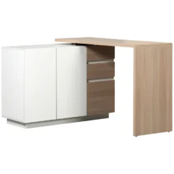 HOMCOM Eckschreibtisch, 360° Drehbarer Arbeitstisch, L-förmiger Schreibtisch Mit Schrank Und Schubladen, Computertisch, Platzsparender Bürotisch, Weiß+Eiche, 118 X 97 X 75 Cm