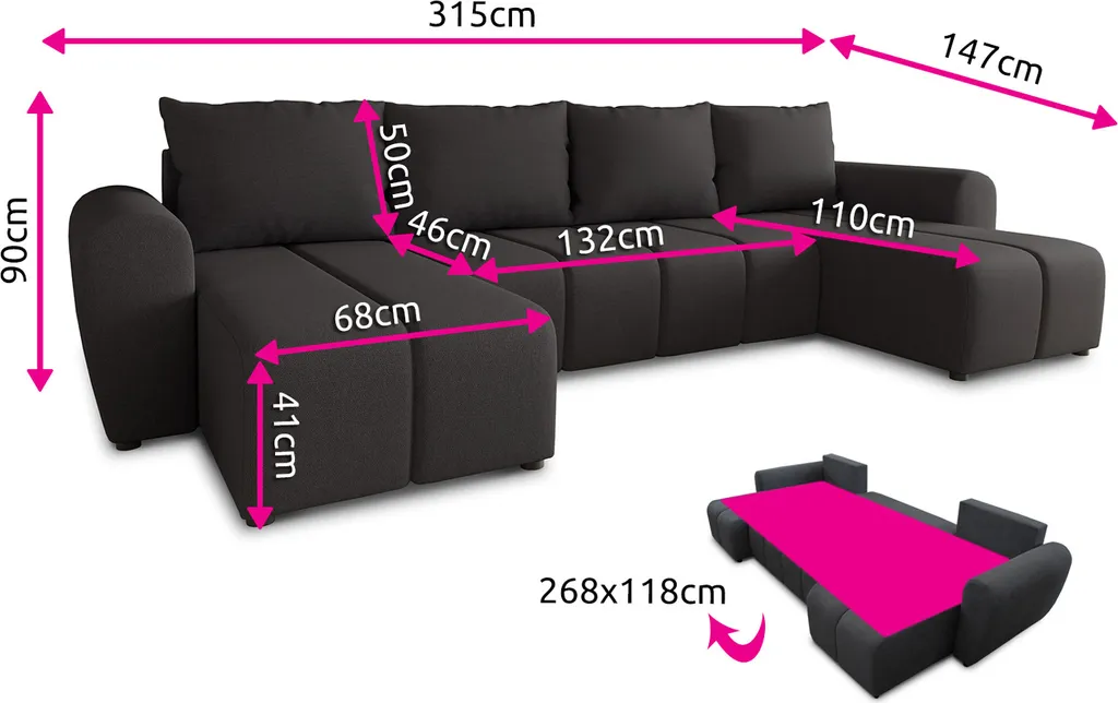 Wohnlandschaft Cleo U Mit Schlaffunktion - U-Form Couch, Ecksofa Mit Bettkasten, Couchgranitur Mit Bettfunktion, Polsterecke, Big Sofa (Schwarz (Soro 100)) 4 Wohnlandschaft Cleo U Mit Schlaffunktion - U-Form Couch, Ecksofa Mit Bettkasten, Couchgranitur Mit Bettfunktion, Polsterecke, Big Sofa (Schwarz (Soro 100)) – Bild 4