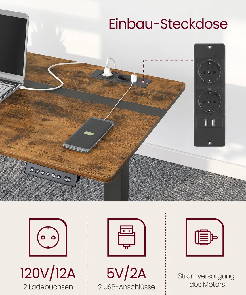 VASAGLE Höhenverstellbarer Schreibtisch Elektrisch, 60 X 120 Cm Tischoberfläche, Elektrischer Schreibtisch,Mit 2 Ladebuchsen Und 2 USB-Anschlüssen,Memory-Funktion Mit 4 Höhen DSL112X01 9 VASAGLE Höhenverstellbarer Schreibtisch Elektrisch, 60 X 120 Cm Tischoberfläche, Elektrischer Schreibtisch,Mit 2 Ladebuchsen Und 2 USB-Anschlüssen,Memory-Funktion Mit 4 Höhen DSL112X01 – Bild 9