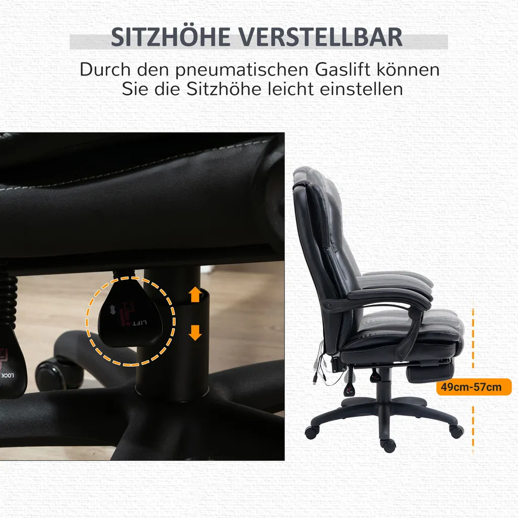 Vinsetto Bürostuhl Stuhl Chefsessel Drehstuhl Anhebbar Mit Massagefunktion Liegefunktion Kunstleder Schaumstoff PP-Kunststoff Nylon Schwarz 68,5 X 68,5 X 119-127 Cm 6 Vinsetto Bürostuhl Stuhl Chefsessel Drehstuhl Anhebbar Mit Massagefunktion Liegefunktion Kunstleder Schaumstoff PP-Kunststoff Nylon Schwarz 68,5 X 68,5 X 119-127 Cm – Bild 6