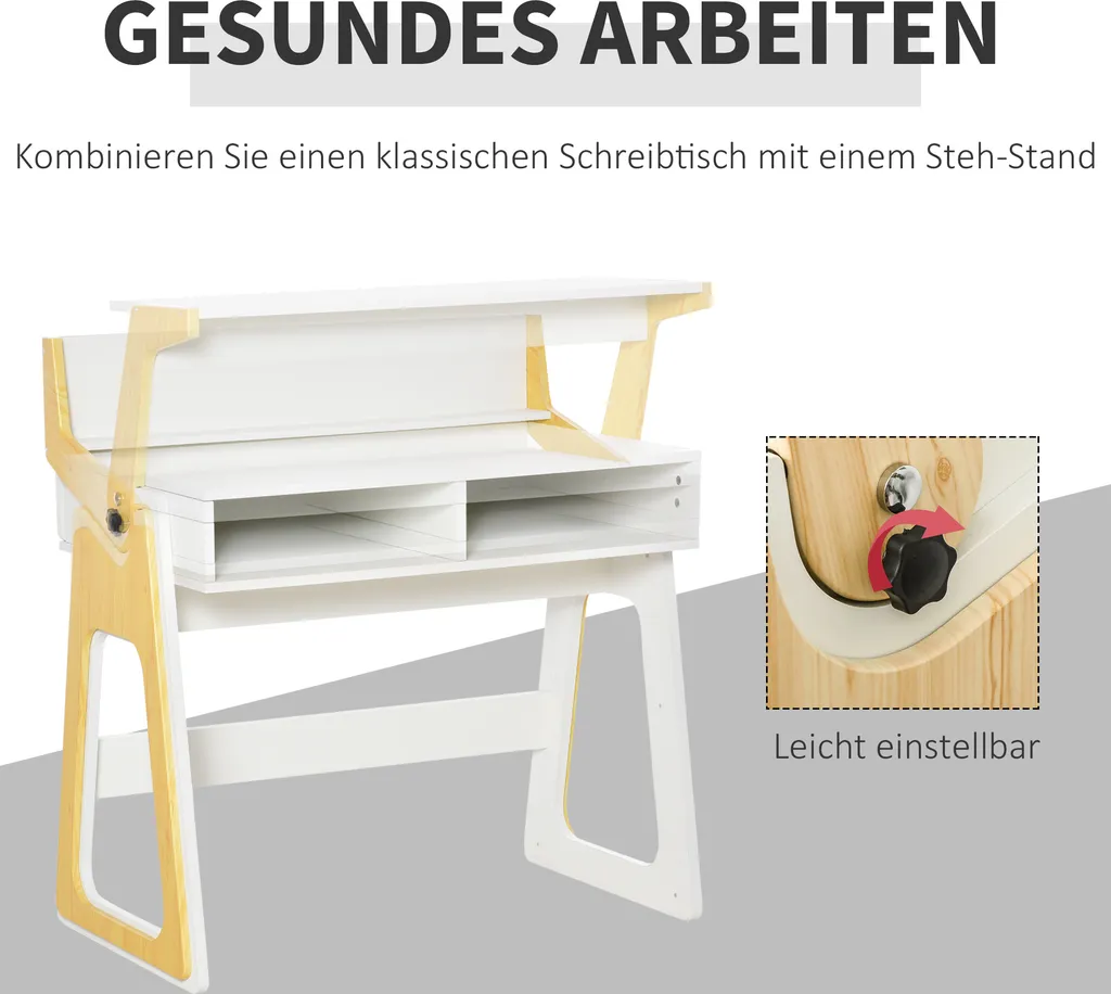 HOMCOM Schreibtisch Stehpult Und Sitzpult Mit Verstellbarem Regal Bürotisch Mit 2 Fächer Home-Office Helles Kiefer Beige Weiß 98 X 56,5 X 100,5 Cm 5 HOMCOM Schreibtisch Stehpult Und Sitzpult Mit Verstellbarem Regal Bürotisch Mit 2 Fächer Home-Office Helles Kiefer Beige Weiß 98 X 56,5 X 100,5 Cm – Bild 5