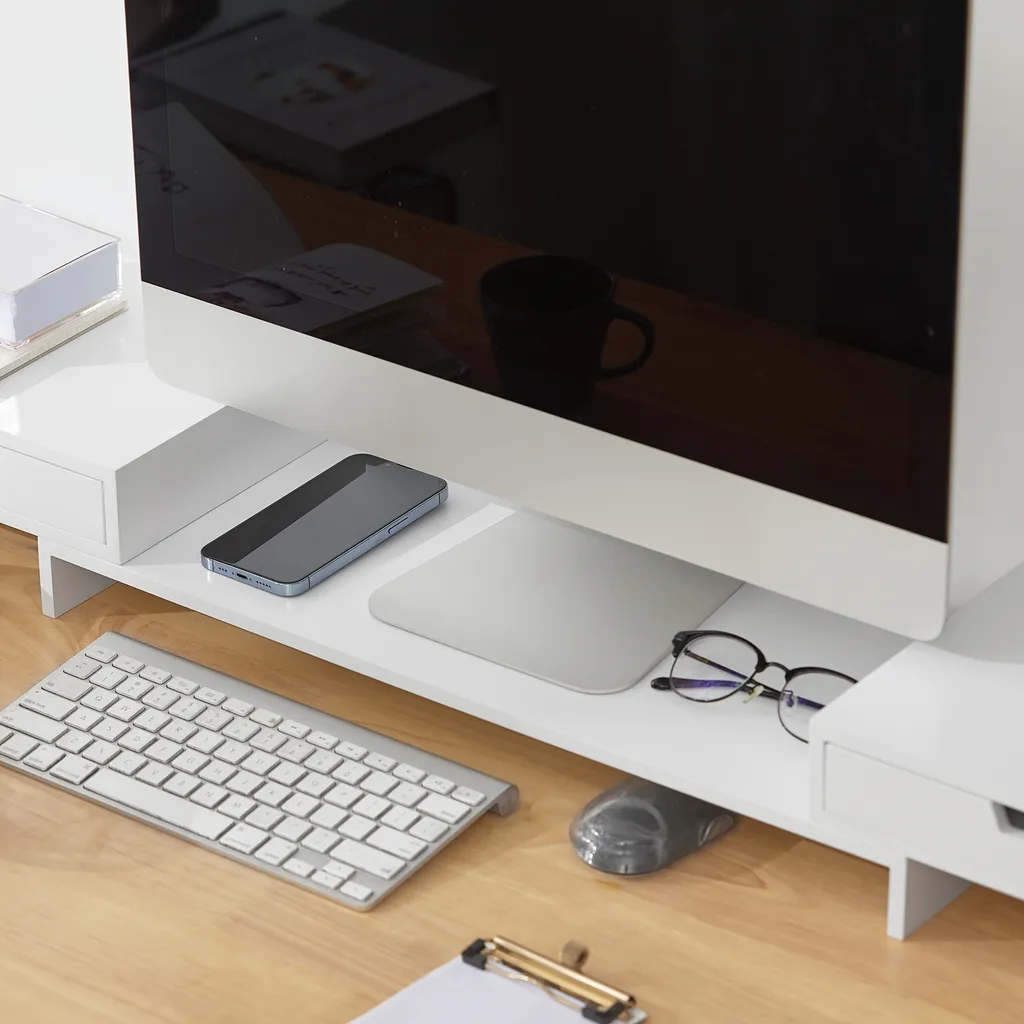 SoBuy BBF04-W Design Monitorerhöhung Für 2 Monitore Bildschirmständer Schreibtischaufsatz Mit 2 Schubladen Weiß BHT Ca.: 60-107x11x22cm 6 SoBuy BBF04-W Design Monitorerhöhung Für 2 Monitore Bildschirmständer Schreibtischaufsatz Mit 2 Schubladen Weiß BHT Ca.: 60-107x11x22cm – Bild 6