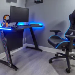 X Rocker Sony Playstation Borealis Aluminium Carbon Gaming Tisch | PC Schreibtisch Mit Blauer LED Beleuchtung & Kabelmanagement | 120 X 60 X 74 Cm