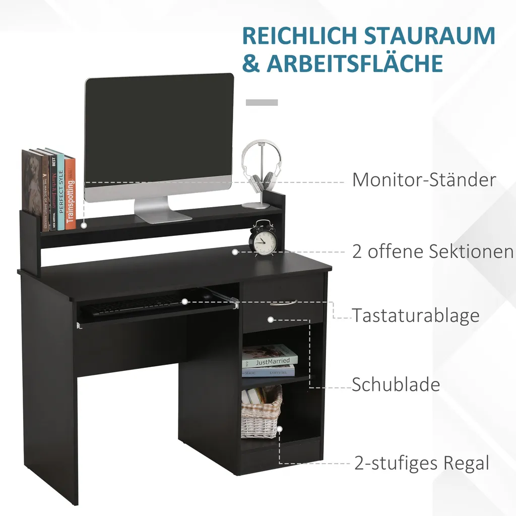 HOMCOM Computertisch Bürotisch Gamingtisch PC-Tisch Mit Schublade E1 Spanplatte Schwarz 104 X 48 X 95,5 Cm 5 HOMCOM Computertisch Bürotisch Gamingtisch PC-Tisch Mit Schublade E1 Spanplatte Schwarz 104 X 48 X 95,5 Cm – Bild 5