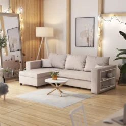 Selsey Ecksofa MERIEN - Schlafcouch In Hellbeige Mit Ottomane, Bettkasten Und Integriertem Regal, 230 Cm Breit