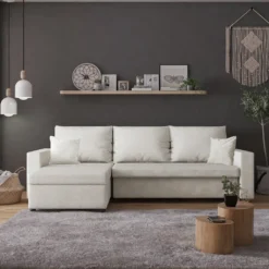 Selsey Ecksofa DERDURA - Schlafcouch Mit Wasserbeständigem Veloursbezug In Melange Creme, Bettkasten, Ottomane Beidseitig Montierbar, 230 Cm Breit