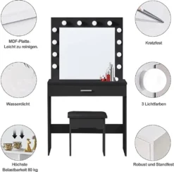 Yoleo Schminktisch Mit Spiegel, LED-Beleuchtung Und Hocker, Frisiertisch Mit Großer Schublade, Kosmetiktisch 140x40x80cm, Schwarz -VIDAXL || HOMCOM Verkäufe d96f0ff47b2dba6950ce694c71d2d0fd