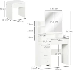 HOMCOM Schminktisch Mit Hocker, Kosmetiktisch Mit Spiegel, Frisiertisch Mit Schubladen, Ablagen, Frisierkommode Mit Anti-Kipp-Schutz Für Schlafzimmer, Weiß, 80 X 38 X 143cm -VIDAXL || HOMCOM Verkäufe df41d6e94e0684fc0c8b5de0a38e81e6